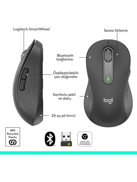 Logitech Signature M650 Büyük Boy Sol El Için Sessiz Kablosuz Mouse - Beyaz - 5