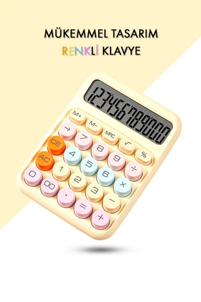 VANCKEY  Renkli Hesap Makinesi - 12 Haneli Yuvarlak Tuşlu Sarı Renk Hesap Makinesi - 4 Fonksiyonlu