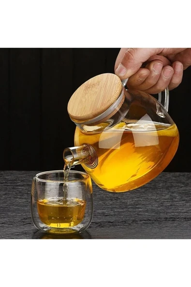 VANCKEY  1000ml Bambu Kapaklı Isıya Dayanıklı Cam Bitki Çayı Demliği Cam Sürahi - 4