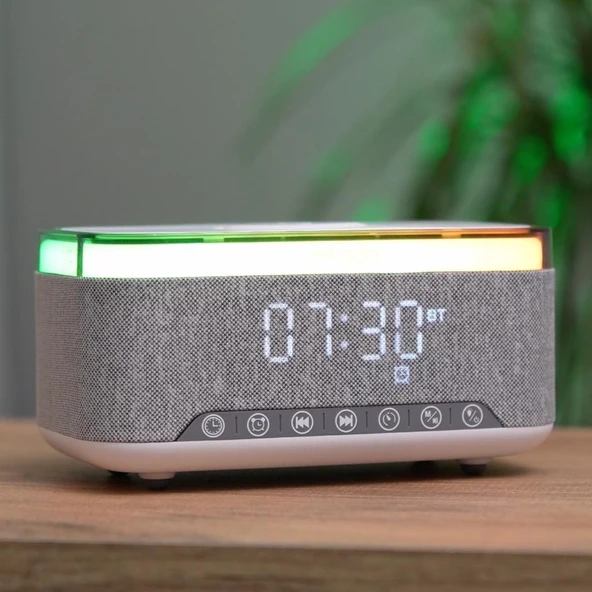 Mikado MD-W8 1200mAh 10W Gri Bluetooth-Usb-Kablosuz Şarj RGB-Gece Lambası Özellikli Alarmlı Saat Speaker - 6