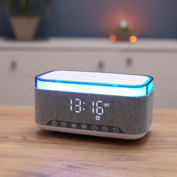 Mikado MD-W8 1200mAh 10W Gri Bluetooth-Usb-Kablosuz Şarj RGB-Gece Lambası Özellikli Alarmlı Saat Speaker - 7
