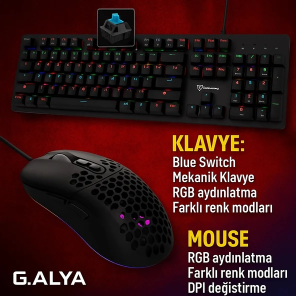 G.ALYA Gaming Oyuncu Klavye ve Mouse Set - RGB Aydınlatma, Blue Switch, DPI Ayarı, Hafif ve Serin Tasarım (GA-5301, GA-9