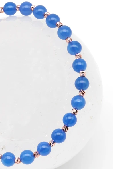 Mavi Akik Doğal Taş Makrome Örme Bileklik Küre Kesim - Resim 2