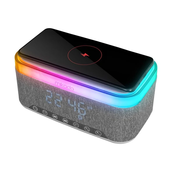 Mikado MD-W8 1200mAh 10W Gri Bluetooth-Usb-Kablosuz Şarj RGB-Gece Lambası Özellikli Alarmlı Saat Speaker - 5