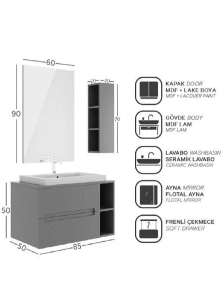 BELİNZA AURORA BANYO DOLABI TAKIMI ANTRASİT 85 CM (TAKIM 4 PARÇA) - 3
