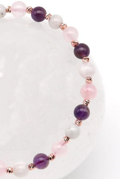 Aytaşı-Ametist-Pembe Kuvars Doğal Taş Makrome Örme Bileklik Küre Kesim - Resim 2