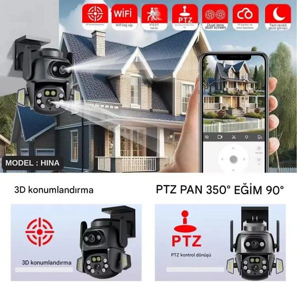Hina WİFİ Güvenlik Kamerası Dual Lens 6MP Süper HD PTZ Hareketli Sesli Gece Görüşlü Akıllı Kamera - 12
