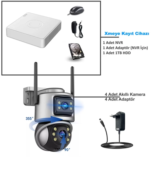 XMCAM 4'lü Güvenlik Kamera Seti Dual Lens WiFi Kayıt Cihazı 1TB HDD Gece Görüşlü Su Geçirmez - 3