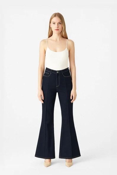 Kadın Likralı İspanyol Flare Paça Yüksek Bel Lacivert Jean Pantolon ürün görseli 1