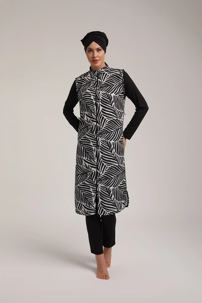 Chelly Kadın Yaprak Desenli Fermuarlı Tam Kapalı Tesettür Mayo T 5490 T5495 - Resim 6