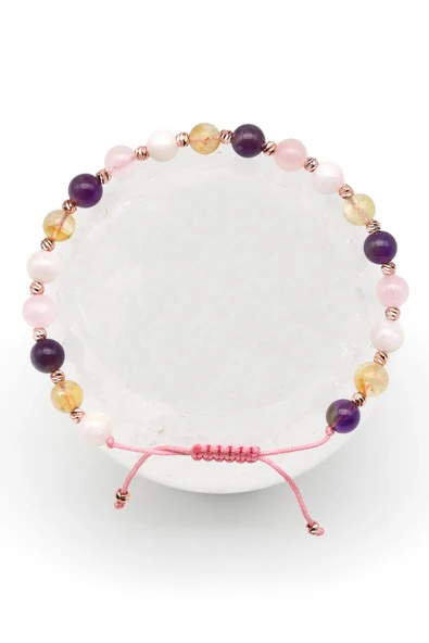 Ay Taşı-Ametist-Pembe Kuvars-Sitrin Doğal Taş Makrome Örme Bileklik Küre Kesim ürün görseli