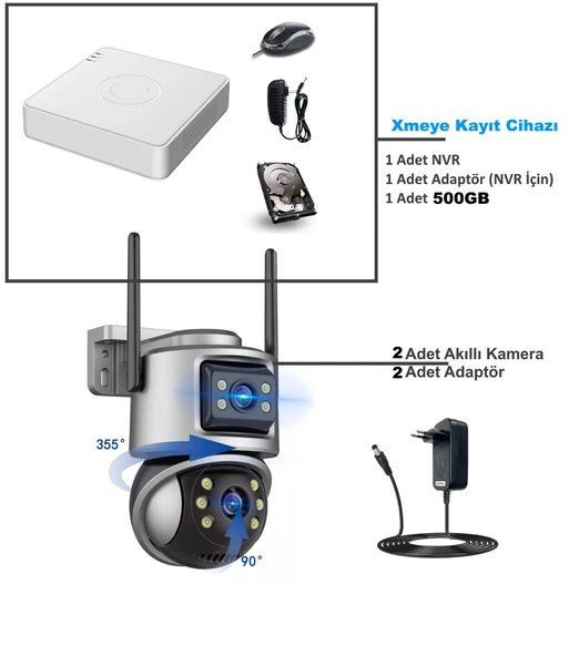 XMCAM 2'li Güvenlik Kamera Seti Dual Lens WiFi Kayıt Cihazı 500GB HDD Gece Görüşlü Su Geçirmez - 3