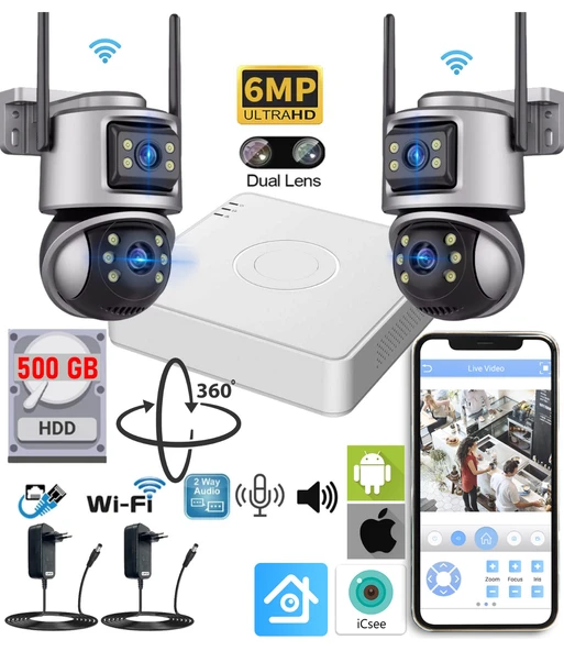 XMCAM 2'li Güvenlik Kamera Seti Dual Lens WiFi Kayıt Cihazı 500GB HDD Gece Görüşlü Su Geçirmez