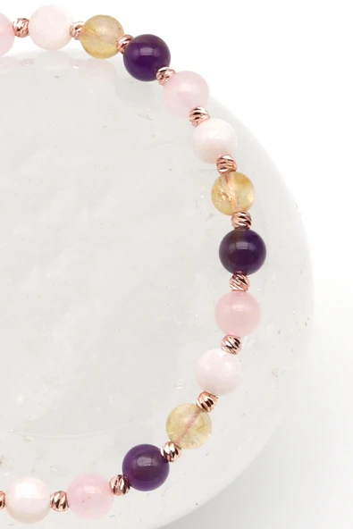 Ay Taşı-Ametist-Pembe Kuvars-Sitrin Doğal Taş Makrome Örme Bileklik Küre Kesim - Resim 2