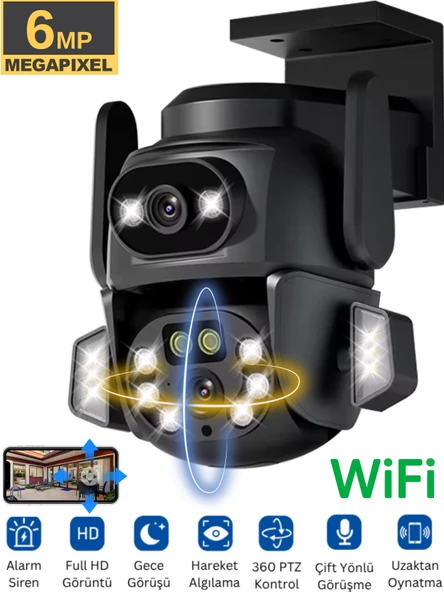 Hina WİFİ Güvenlik Kamerası Dual Lens 6MP Süper HD PTZ Hareketli Sesli Gece Görüşlü Akıllı Kamera