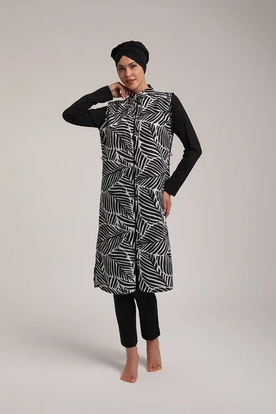 Chelly Kadın Yaprak Desenli Fermuarlı Tam Kapalı Tesettür Mayo T 5490 T5495 - Resim 3