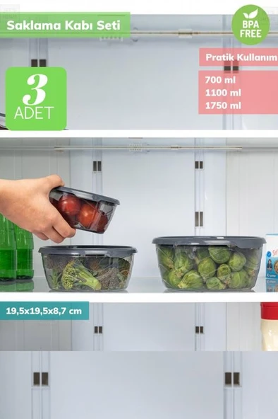3’lü Saklama Kabı Seti Erzak Kabı Buzdolabı Kabı Orta Boy Bpa Free - 3