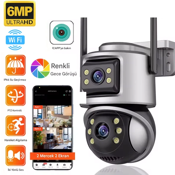 ViVa232 Wifi 6mp Dual Lens Ip 360° Akıllı Güvenlik Kamerası 128 GB Hareketli Kablosuz Gece Görüşü Kişi Takibi Türkçe Sesli Görüşme Dış Iç Kamera
