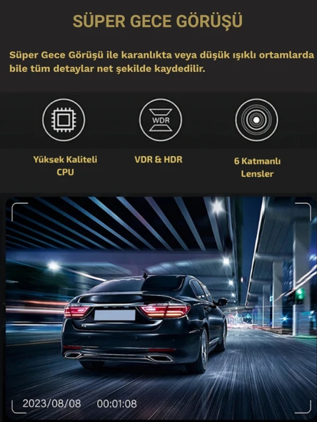 A-98 Wi-Fi Full HD 3 Kameralı Araç İçi Güvenlik Kamerası 64GB – IR Gece Görüşü, Ön-Arka-İç Kayıt,DashCam - 4