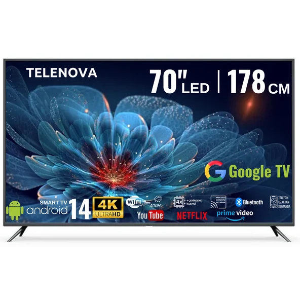 Telenova 70 İnç 178 Ekran 4K Ultra HD Android 14, Smart TV LED HDR WiFi Netflix & YouTube Destekli
