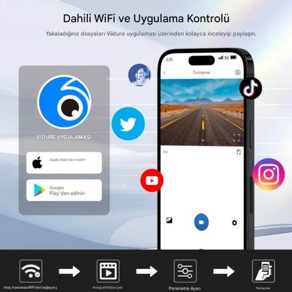 K17 4K UHD WiFi GPS Araç İçi Kamera 128GB Dahil IR Gece Görüş, Çift Lens (Ön-Arka-İç) Dashcam Kayıt - 3