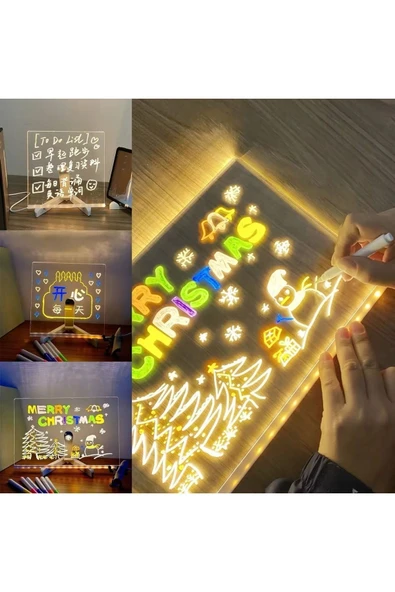 Orta Boy 20 X 20 cm Neon Mesaj Panosu Led Işıklı Yazı Çizim Tahtası Standlı 7 Keçeli Kalemli - 2
