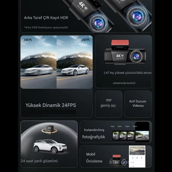 L308 4K UHD Araç İçi Kamera Wi-Fi GPS 128GB IR Gece Görüşü, Çift Lens Ön-Arka-İç Kayıt APP Kontrol DashCam - 3