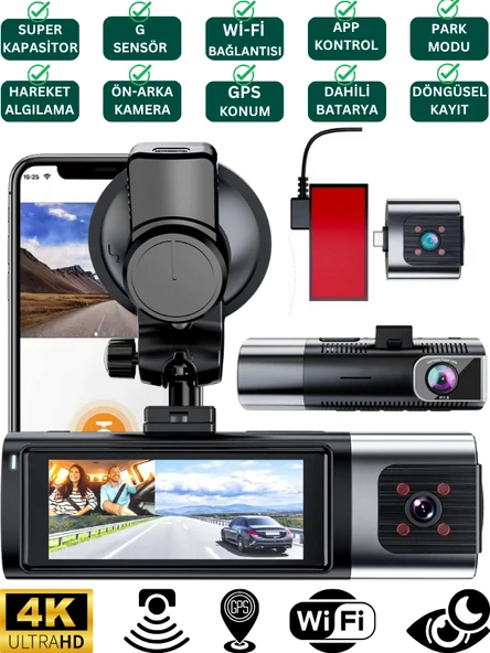 K17 4K UHD WiFi GPS Araç İçi Kamera 128GB Dahil IR Gece Görüş, Çift Lens (Ön-Arka-İç) Dashcam Kayıt