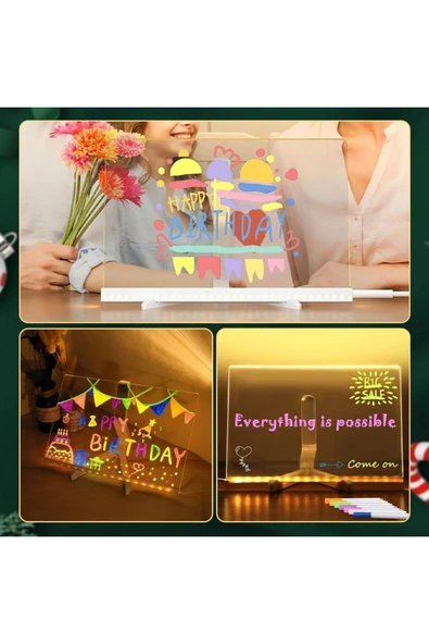 Orta Boy 20 X 20 cm Neon Mesaj Panosu Led Işıklı Yazı Çizim Tahtası Standlı 7 Keçeli Kalemli - 3