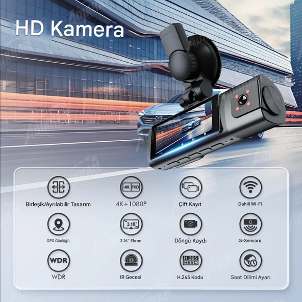 K17 4K UHD WiFi GPS Araç İçi Kamera 128GB Dahil IR Gece Görüş, Çift Lens (Ön-Arka-İç) Dashcam Kayıt - 2