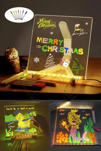 Orta Boy 20 X 20 cm Neon Mesaj Panosu Led Işıklı Yazı Çizim Tahtası Standlı 7 Keçeli Kalemli