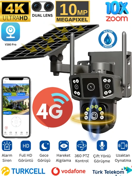 X36 Solar Güvenlik Kamerası Dual Lens 4G Sim Kartlı PTZ Hareketli Gece Görüşlü Güneş Panelli Kamera