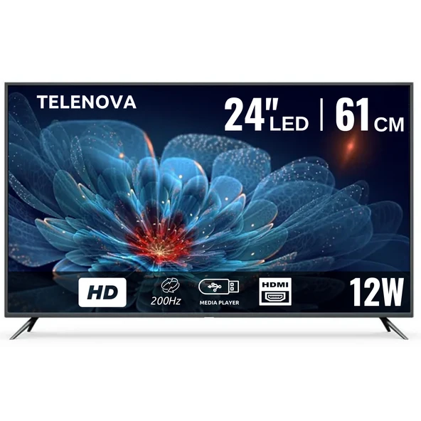 Telenova 24” İnç 61 Ekran LED TV HD Uydu Alıcılı, 12V Destekli, Taşınabilir, Karavan, Ev, Ofis İçin