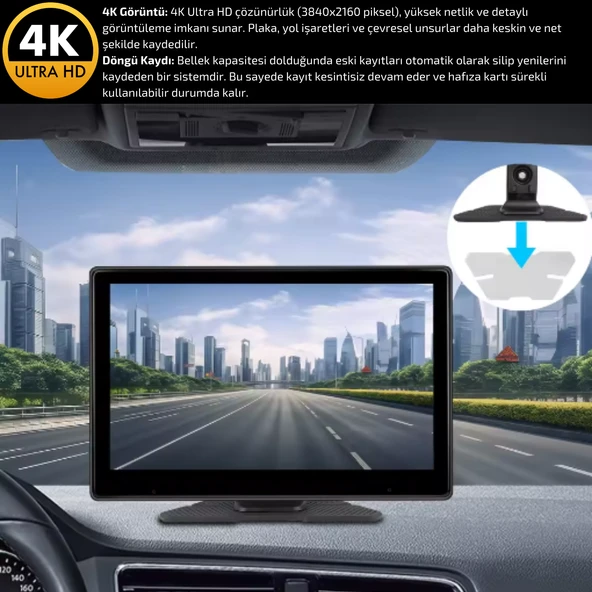 MPIA 4K CarPlay Araç İçi Kamera  | 7'' Ekran | Ön & Arka Döngü Kayıt | Android & iPhone Uyumlu M88D - 2