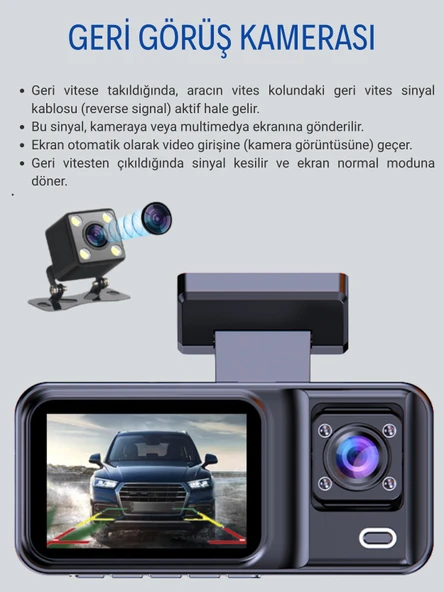 A-98 Wi-Fi Full HD 3 Kameralı Araç İçi Güvenlik Kamerası 64GB – IR Gece Görüşü, Ön-Arka-İç Kayıt,DashCam - 5