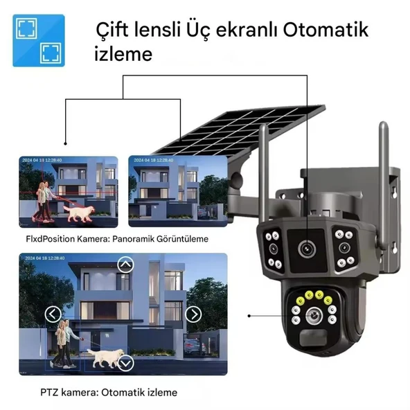 X36 Solar Güvenlik Kamerası Dual Lens 4G Sim Kartlı PTZ Hareketli Gece Görüşlü Güneş Panelli Kamera - 3