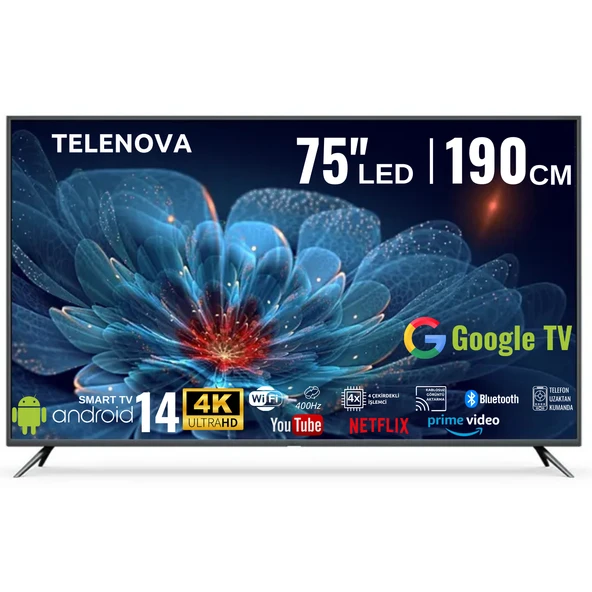 Telenova 75 İnç 190 Ekran 4K Ultra HD Android 14, Smart TV LED HDR WiFi Netflix & YouTube Destekli
