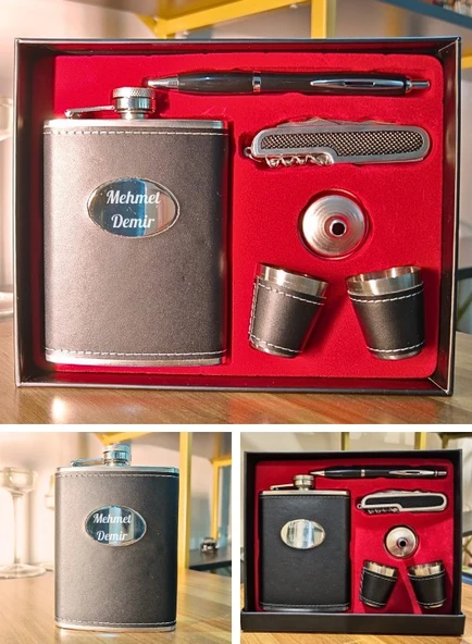 İsme Özel Çelik Matara Hediye Seti Deri Kaplamalı 2 Shot Bardaklı Çakı ve Kalemli İçki Konyak Matara - Resim 2