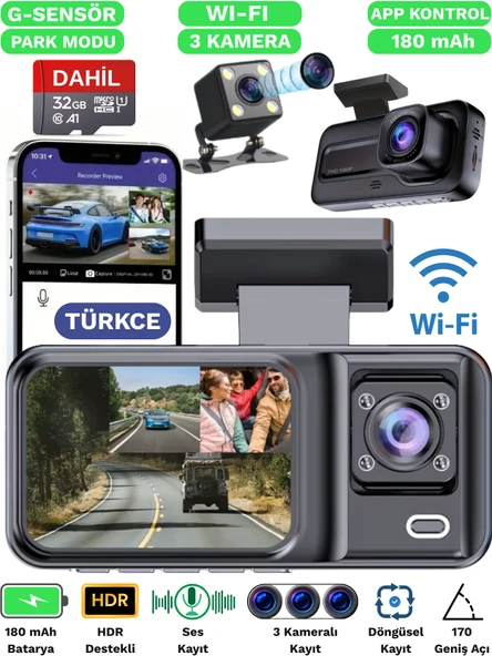 A-98 Wi-Fi Full HD 3 Kameralı Araç İçi Güvenlik Kamerası 64GB – IR Gece Görüşü, Ön-Arka-İç Kayıt,DashCam
