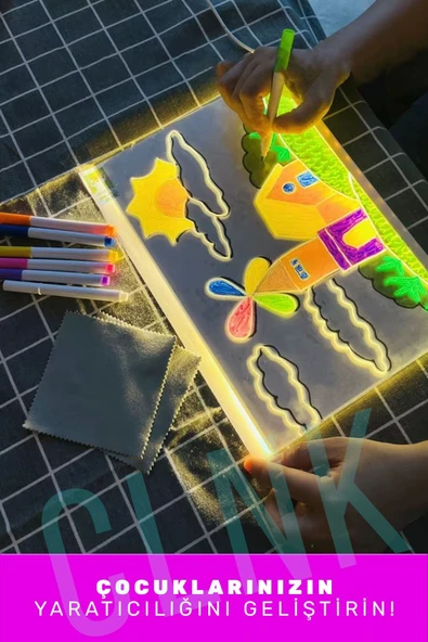 Büyük Boy 30 X 20 cm Neon Mesaj Panosu Led Işıklı Yazı Çizim Tahtası Standlı 7 Keçeli Kalemli - 4
