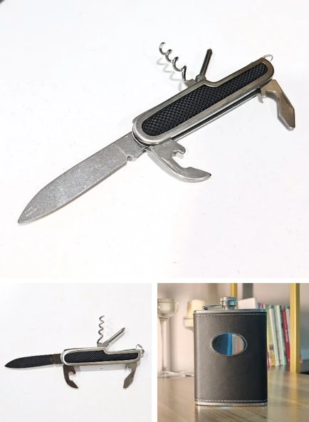 İsme Özel Çelik Matara Hediye Seti Deri Kaplamalı 2 Shot Bardaklı Çakı ve Kalemli İçki Konyak Matara - Resim 5