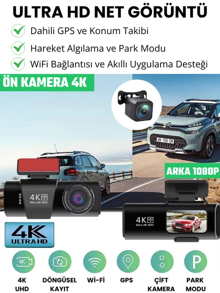 L308 4K UHD Araç İçi Kamera Wi-Fi GPS 128GB IR Gece Görüşü, Çift Lens Ön-Arka-İç Kayıt APP Kontrol DashCam - 4