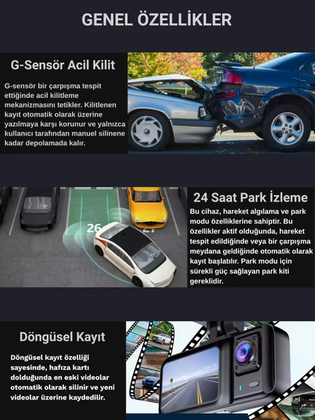 A-98 Wi-Fi Full HD 3 Kameralı Araç İçi Güvenlik Kamerası 64GB – IR Gece Görüşü, Ön-Arka-İç Kayıt,DashCam - 3