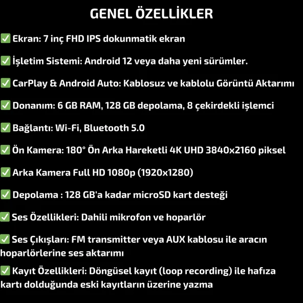 MPIA 4K CarPlay Araç İçi Kamera  | 7'' Ekran | Ön & Arka Döngü Kayıt | Android & iPhone Uyumlu M88D - 5