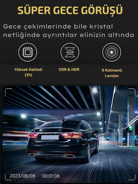 A-98 Wi-Fi Full HD 3 Kameralı Araç İçi Güvenlik Kamerası 64GB – IR Gece Görüşü, Ön-Arka-İç Kayıt,DashCam - 4