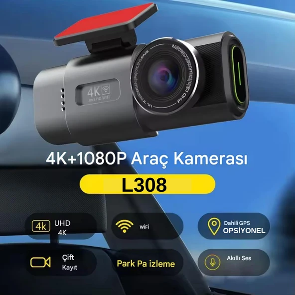 L308 4K UHD Araç İçi Kamera Wi-Fi GPS 128GB IR Gece Görüşü, Çift Lens Ön-Arka-İç Kayıt APP Kontrol DashCam - 7