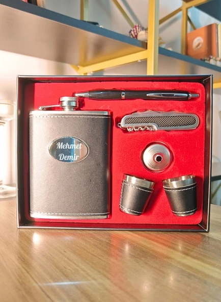 İsme Özel Çelik Matara Hediye Seti Deri Kaplamalı 2 Shot Bardaklı Çakı ve Kalemli İçki Konyak Matara - Resim 6