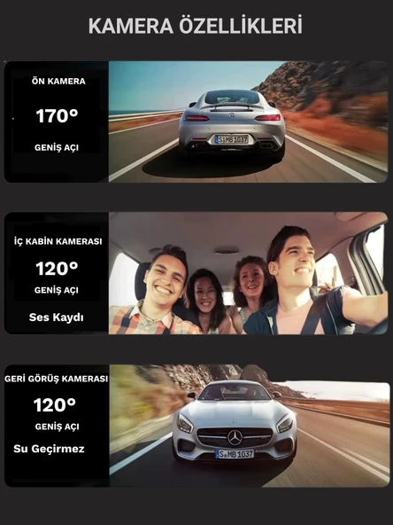 A-98 Wi-Fi Full HD 3 Kameralı Araç İçi Güvenlik Kamerası 64GB – IR Gece Görüşü, Ön-Arka-İç Kayıt,DashCam - 2