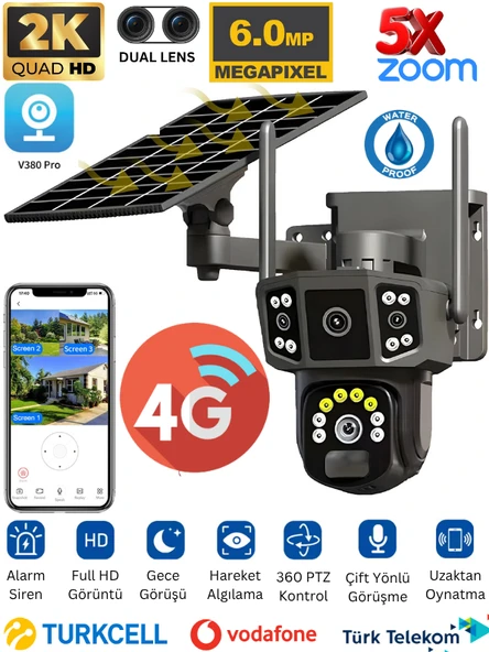 X36 Solar Güvenlik Kamerası 4G Sim Kartlı 6MP PTZ Full HD Kablosuz Gece Görüşlü Güneş Panelli Kamera