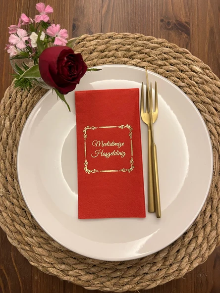 Gold Yaldızlı Kırmızı Çerçeveli Mevlidimize Hoşgeldiniz Peçete 16 Adet ürün görseli